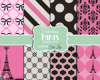 Paris Papier, rosa und schwarz strukturiertdigitales Papier, Eifel Turm, Polka Dots, Bogen, Digitalpapier, 12 x 12, Scrapbooking, Instant Download
