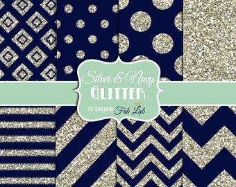 Navy and Silver, Glitter, Chevron, Stripes, Polka Dots, Digital Paper, 12x12, Scrapbook