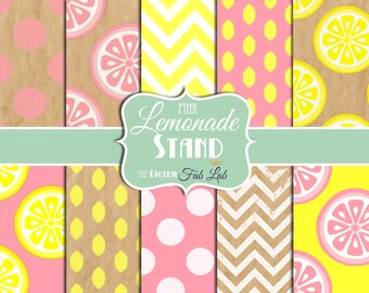 Pink Lemonade, Summer Sweet, Kraft Paper, Polka Dots, Chevron, Digital, 12x12, Paper Pack, Scrapbook, Instant Download