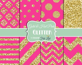 Gold and Hot Pink, Glitter Paper, Sparkling, Chevron, Stripes, Polka Dots, Digital Paper, 12x12, Scrapbook