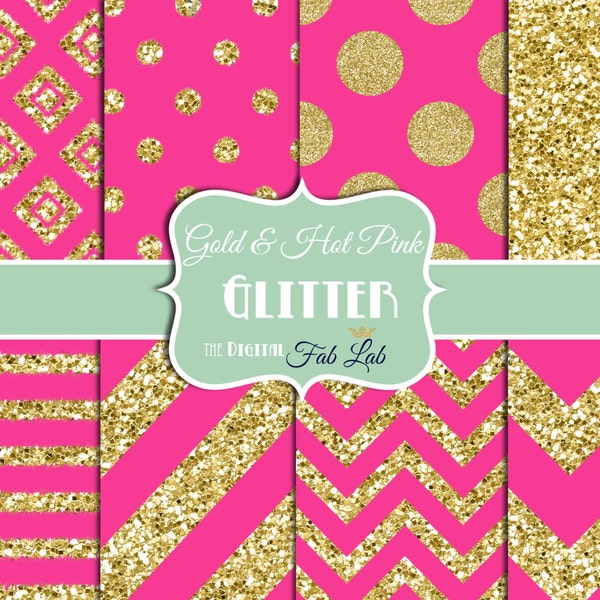 Gold and Hot Pink, Glitter Paper, Sparkling, Chevron, Stripes, Polka Dots, Digital Paper, 12x12, Scrapbook