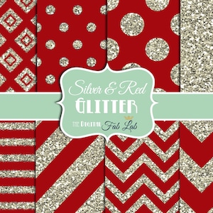 Red and Silver, Glitter, Chevron, Stripes, Polka Dots, Digital Paper, 12x12, Scrapbook