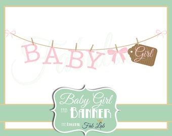 Baby Girl, Banner, Digital Clipart, Rustic, Clothes Line, Scrapbook, PNG