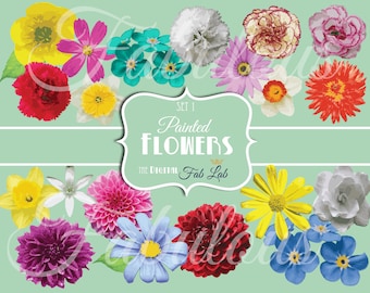 Painted Digital Flowers, Dahlia, Daisy, Buttercup, Carnation, Jasmine, Forget Me Not, Daffodil, Gardenia, Digital Clipart, Scrapbook