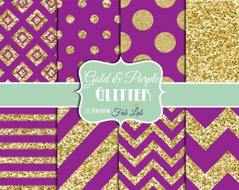 Gold and Purple, Glitter, Fabulous, Chevron, Stripes, Polka Dots, Digital Paper, 12x12, Scrapbook