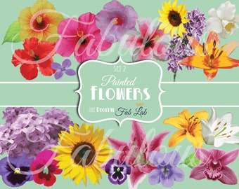 Painted Digital Flowers, Sunflower, Hibiscus, Pansey, Lilac, Lilly, Viloet, Orchid, Digital Clipart, Scrapbook