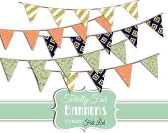 Glitter Banners, Pennets, Bunting, Embellishments, Digital Clipart, Scrapbook, Instant Download