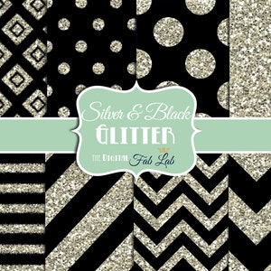Black and Silver, Glitter Paper, Chevron, Stripes, Polka Dots, Digital Paper, 12x12, Scrapbook