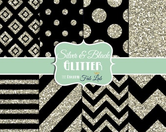 Black and Silver, Glitter Paper, Chevron, Stripes, Polka Dots, Digital Paper, 12x12, Scrapbook