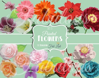 Painted Digital Flowers, Holly Berries, Poinsettia,Tulip, Violet, Peony, Roses, Gerber Daisy, Cherry Blossom,  Digital Clipart, Scrapbook