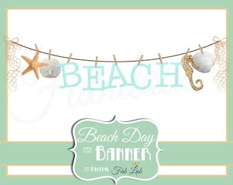 Beach Clipart, Starfish, Sand Dollar, Seahorse, Shell, Banner, Digital Clipart, Rustic, Clothes Line, Scrapbook, PNG
