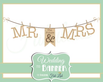 Hochzeit Clipart, Herr und Frau Banner, digitale Clipart, rustikal, Wäschelinie, Scrapbook, PNG