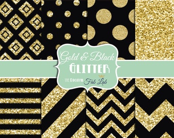 Black and Gold Glitter, Formal Evening, Chevron, Stripes, Polka Dots, Digital Paper, 12x12, Scrapbook