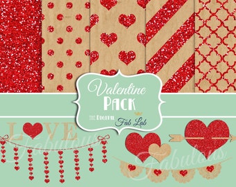Valentine Clipart, 12x12 papers, Glitter, Kraft Paper, Digital Clipart, Heart, Banner, Bunting, Love