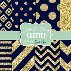 Navy and Gold, Glitter, Chevron, Stripes, Polka Dots, Digital Paper, 12x12, Scrapbook