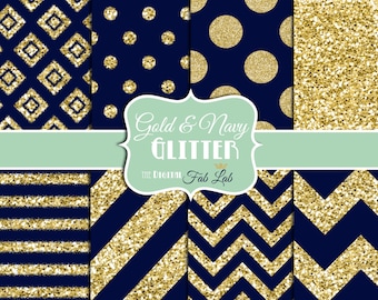 Navy and Gold, Glitter, Chevron, Stripes, Polka Dots, Digital Paper, 12x12, Scrapbook