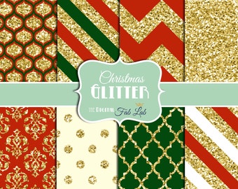 Christmas Glitter Paper, Red,Green, Gold Glitter, Sparkling, Chevron, Stripes, Polka Dots, Digital Paper, 12x12, Scrapbook
