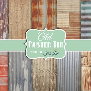 May include: A digital paper pack with 10 different textures of old rusted tin, wood, and metal. The pack is called "Old Rusted Tin" and is from The Digital Fab Lab.