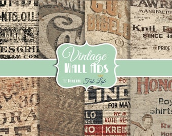 Vintage Wall Ads Digital Paper, Old America, 1930's, 1940's, 1950's, 12x12, Scrapbook