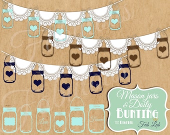 Shabby Chic, Digital, Hanging Mason Jars, Doily Bunting,Lace, Banner, Elements, Embellishments, Digital Clipart, Scrapbook, PNG