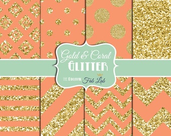 Gold and Coral, Dazzeling, Glitter, Chevron, Strips, Polka Dots, Digital Paper, 12x12, Scrapbook
