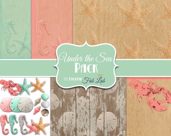 Under The Sea, Beach Theme, 12x12 papers, Digital Clipart, Starfish, Seahorse, Shells, Lobster, Sand Dollar