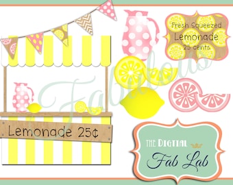 Pink Lemonade, Digital Clipart, Lemonade Stand, Lemons, Banner, Instant Download