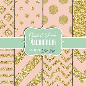 Gold and Pink, Glitter, Sparkling, Chevron, Stripes, Polka Dots, Digital Paper, 12x12, Scrapbook