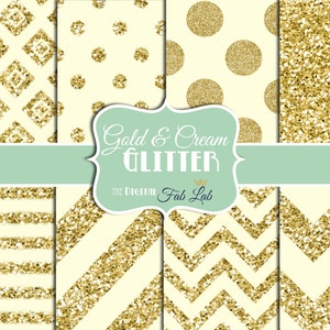 Classic Gold and Cream, Glitter, Dazzeling, Chevron, Stripes, Polka Dots, Digital Paper, 12x12, Scrapbook