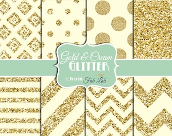 Classic Gold and Cream, Glitter, Dazzeling, Chevron, Stripes, Polka Dots, Digital Paper, 12x12, Scrapbook