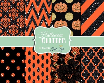 Halloween Glitter Paper, Red,Green, Gold Glitter, Sparkling, Chevron, Stripes, Polka Dots, Digital Paper, 12x12, Scrapbook
