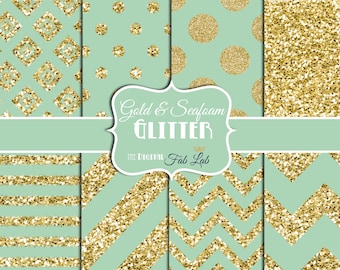 Sea Foam, Mint, Gold Glitter, Chevron, Polka Dots, 12x12, Scrapbook, Digital Paper