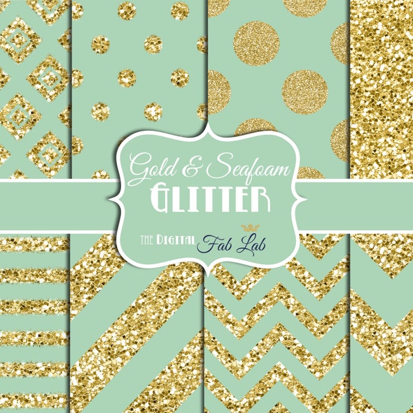 Sea Foam, Mint, Gold Glitter, Chevron, Polka Dots, 12x12, Scrapbook, Digital Paper