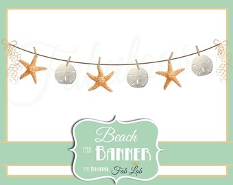 Beach Clipart, Star fish, Sand Dollar Banner, Digital Clipart, Rustic, Clothes Line, Scrapbook, PNG