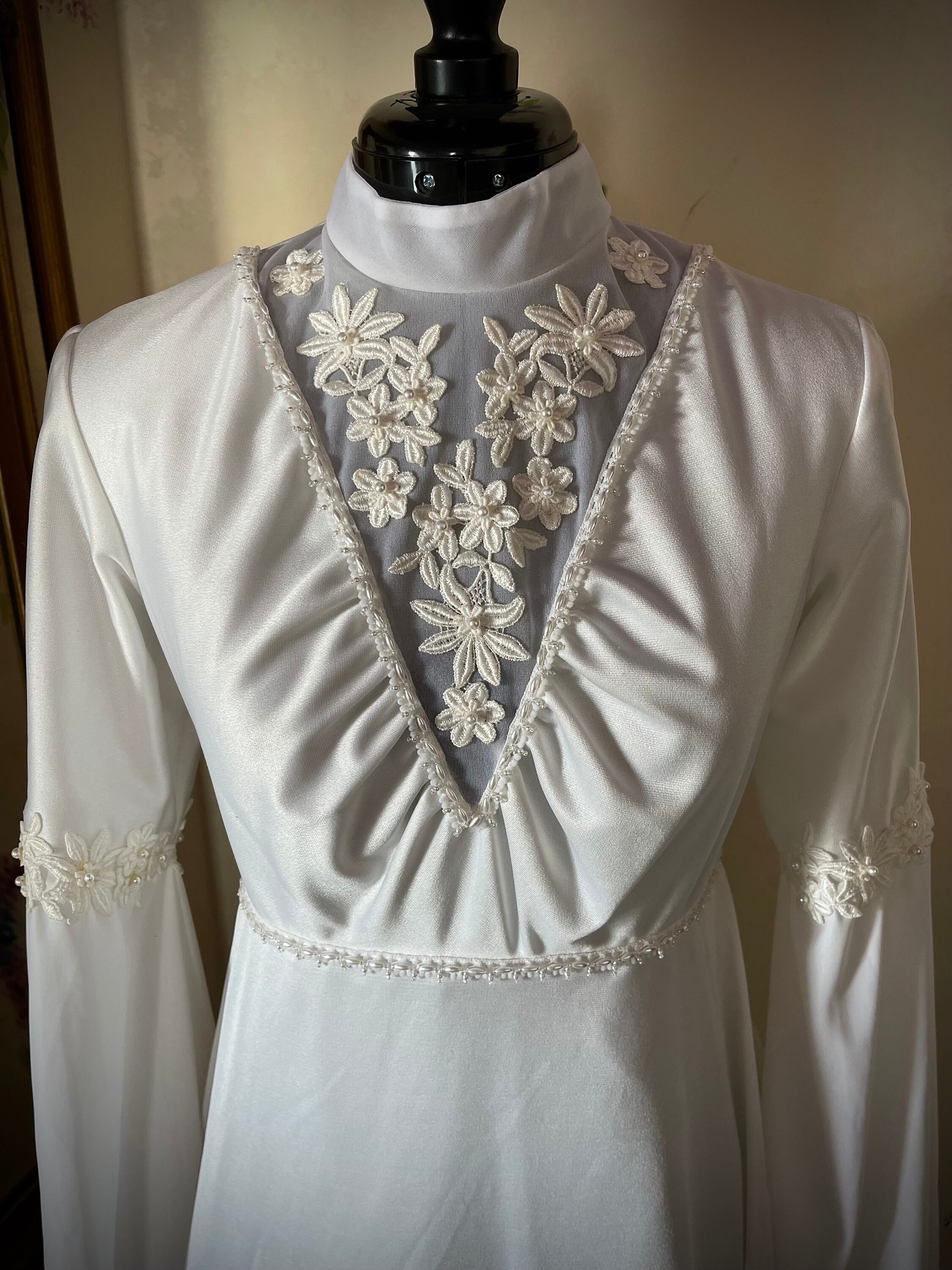 1970s Floral Bell Sleeve Wedding Dress