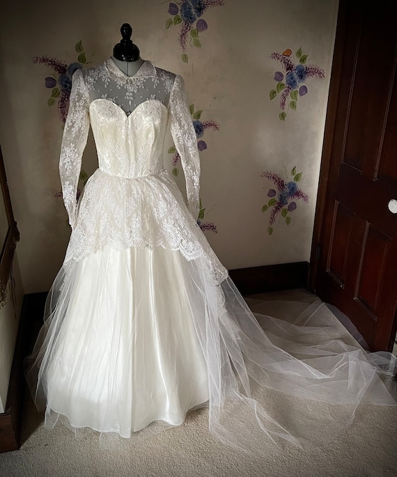 1940s Lace, satin and tulle wedding dress