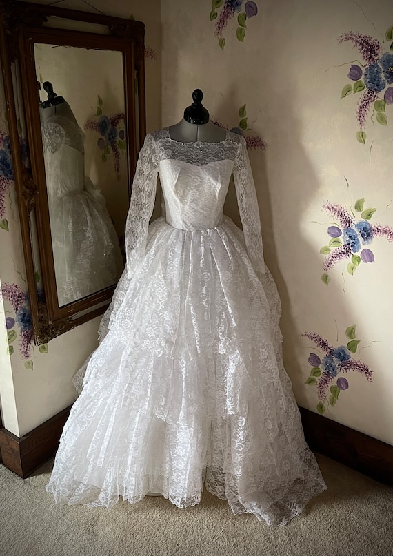 1960s tiered lace wedding dress