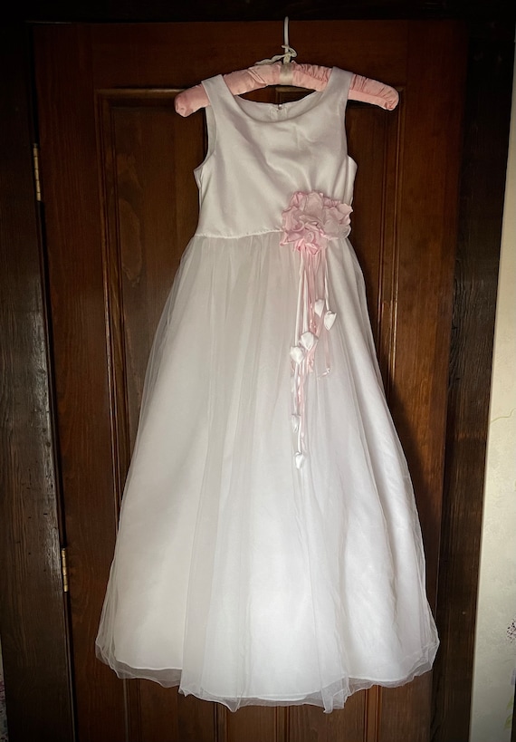 Girls' white tulle and satin dress with pink rose