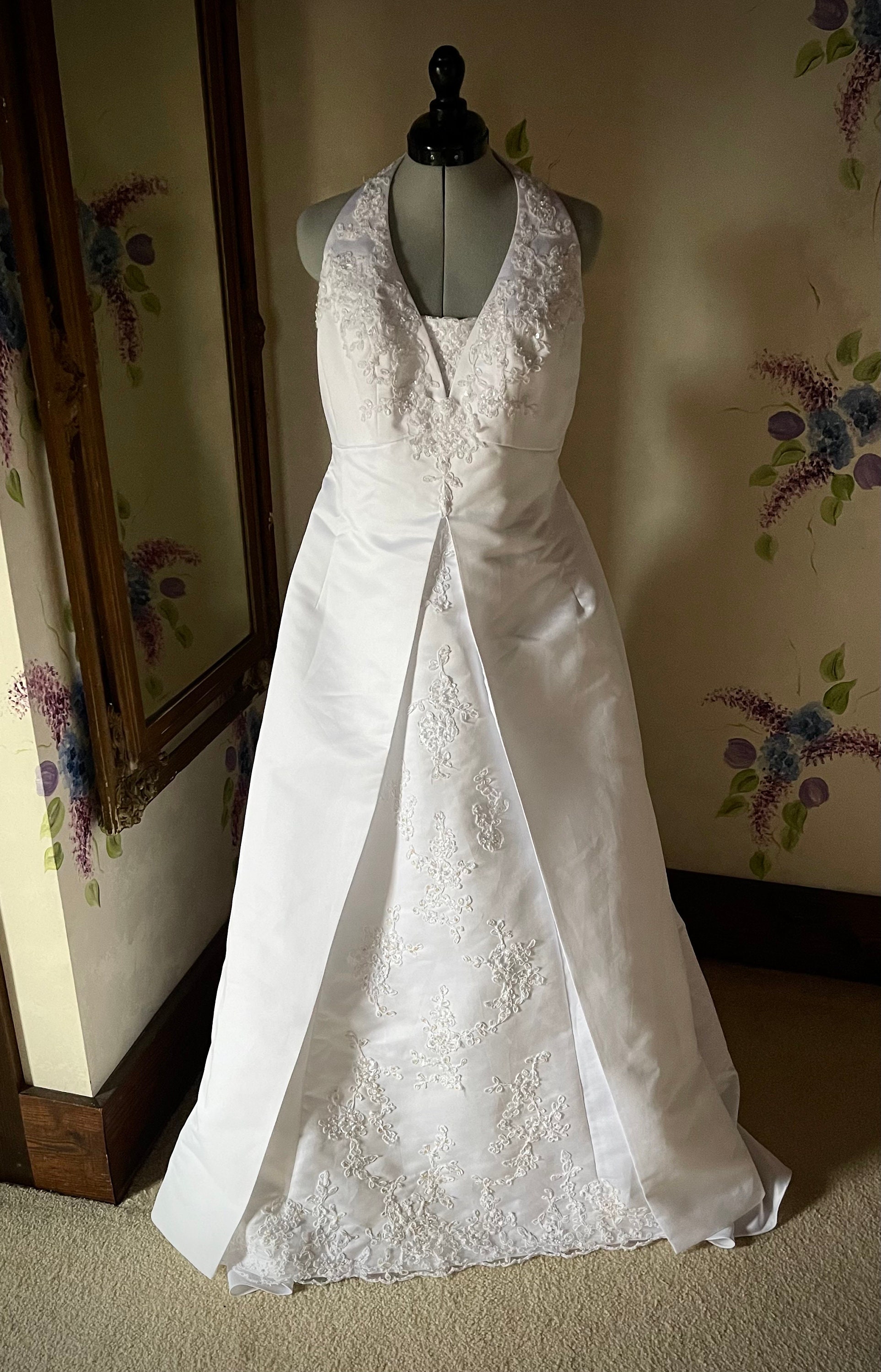 White halter top wedding dress with lace and sequins