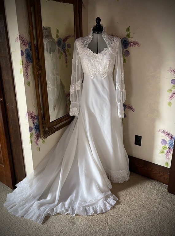 1970s white sheer sleeved wedding dress