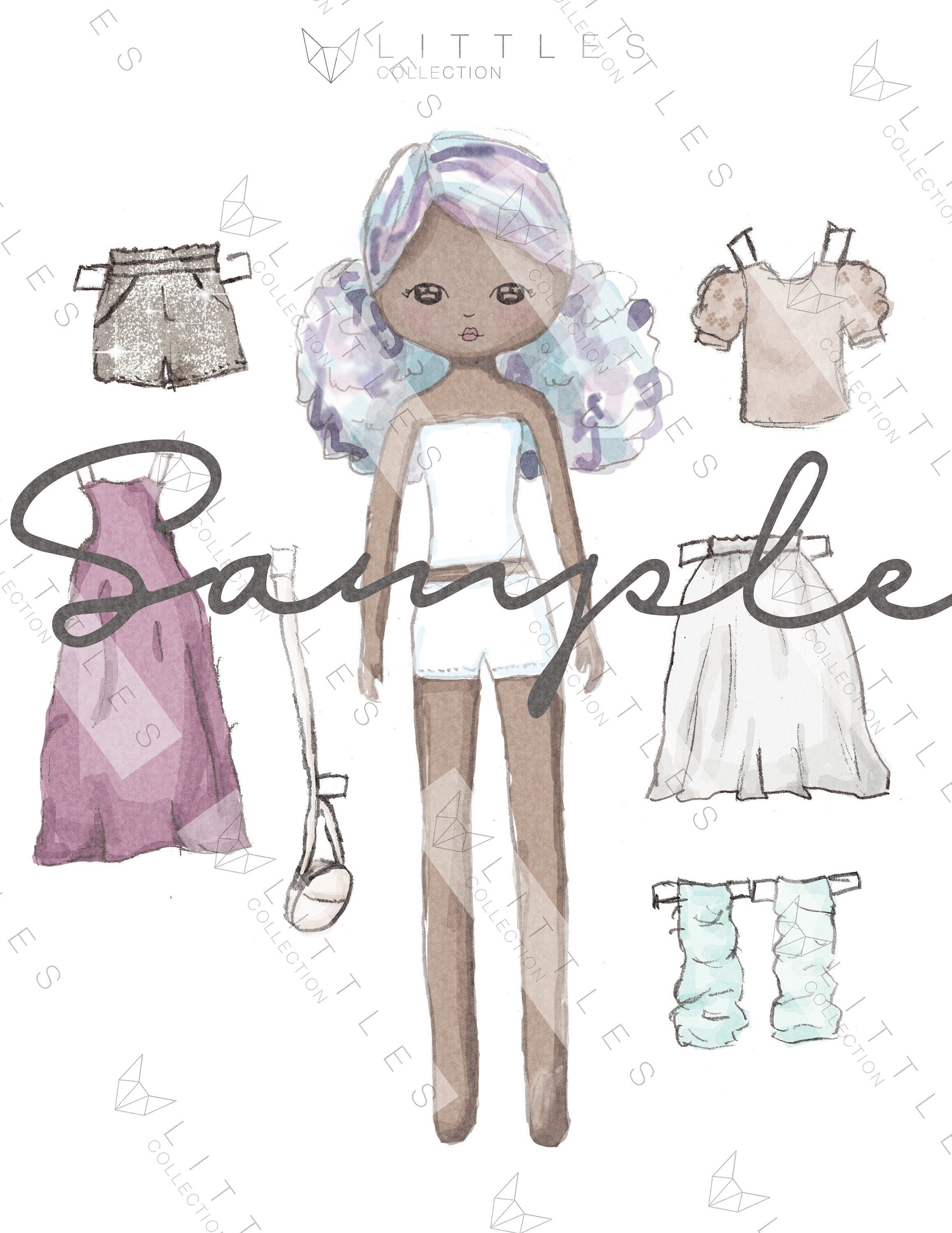 Printable paper doll girl doll pastel blue &amp; purple hair - Etsy España