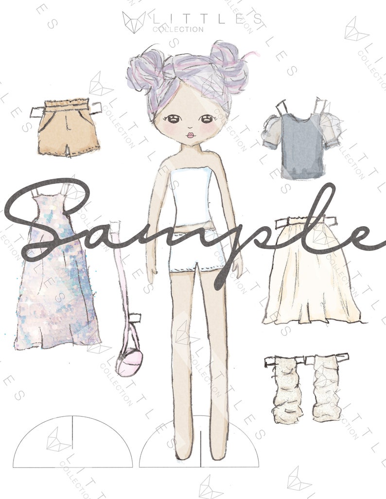 printable paper doll  girl doll  pastel purple & gray hair  image 0