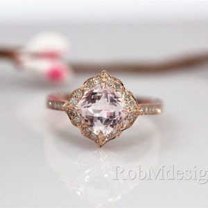 Peach Pink Morganite Ring Vintage Floral Design Engagement Ring 14k Rose Gold Ring Diamond Ring Wedding Ring Unstackable