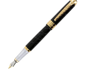 Fountain Pen, Pluma Fuente, 18K Gold Nib, Black Gold Plated Fountain Pen, Ink Pen for Writing, Calligraphy, Drawing, Inking