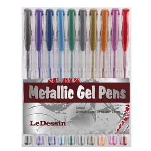 10 Metallic Coloring Gel Pens; red, pink, orange, gold, green, sky blue, blue, purple, silver, black