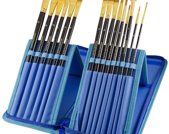 15 Long Art Paint Brushes Set for Watercolor, Acrylic, Oil & Face Painting with Cool Blue Travel Holder.