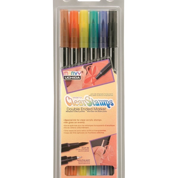 6 Pastel Uchida Markers, Uchida Marvy Markers, Le Plume 2 II, Double Ended Permanent Markers; Brush and Fine Tips Clear Rubber Stamp Markers