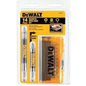 May include: A 14-piece DEWALT magnetic drive guide set in a yellow and black package. The set includes a variety of sizes and types of magnetic drive guides, which are designed to help reduce slipping and wobbling when driving screws. The set also includes a storage case for easy organization.