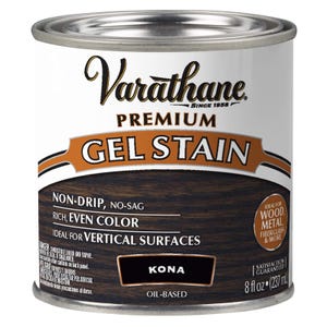 May include: A can of Varathane Premium Gel Stain in Kona. The can features the text "Non-Drip, No-Sag" and "Rich, Even Colour". It is oil-based and contains 237 ml.