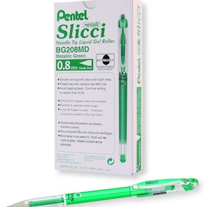 12 Green Metallic Gel Pens, Pentel Arts Slicci, 0.8mm Medium Tip, Point; Japanese; Adult Coloring Books Bible Study Planner Kawaii Cute Pens